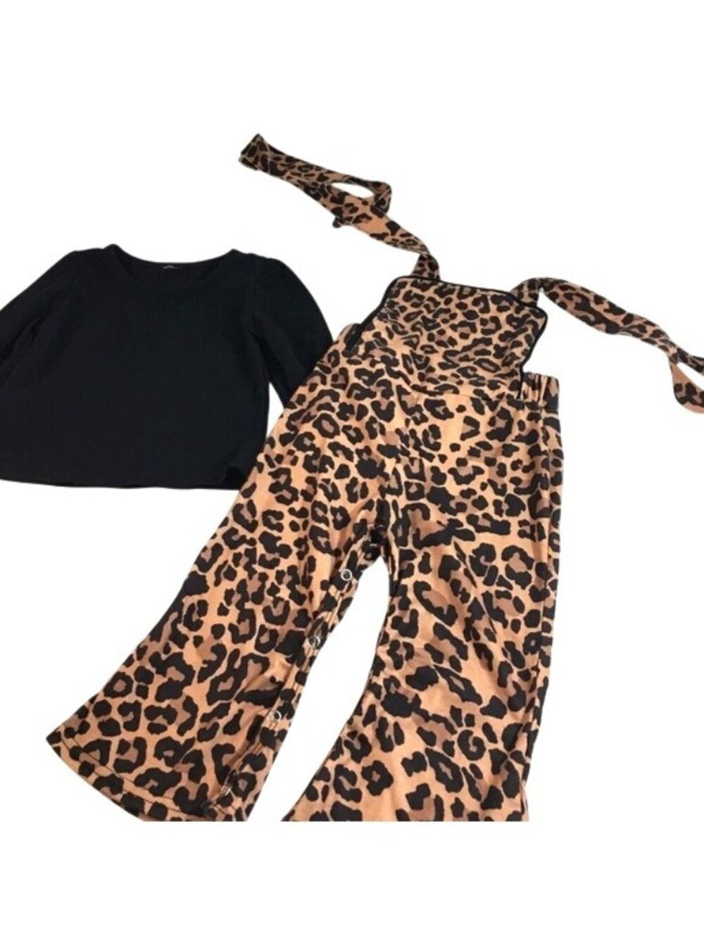 Baby Girl Toddler Bibb Overall Set Black Shirt Animal Print Overalls Size 12-18